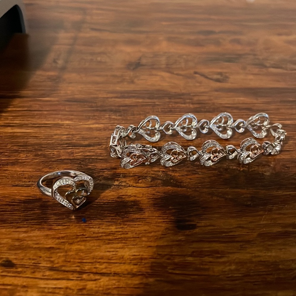 Sterling silver and gold heart bracelet and size 8 ring matching set